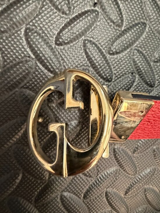 EUC Gucci Interlocking GG Reversible Leather Belt Black Red Gold Buckle 1.5\